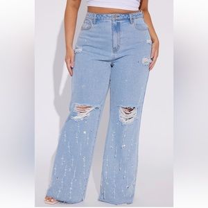 NWT! Fashion Nova - Oh So Icy Embellished Wide Leg Jean - Light Blue Wash 💎